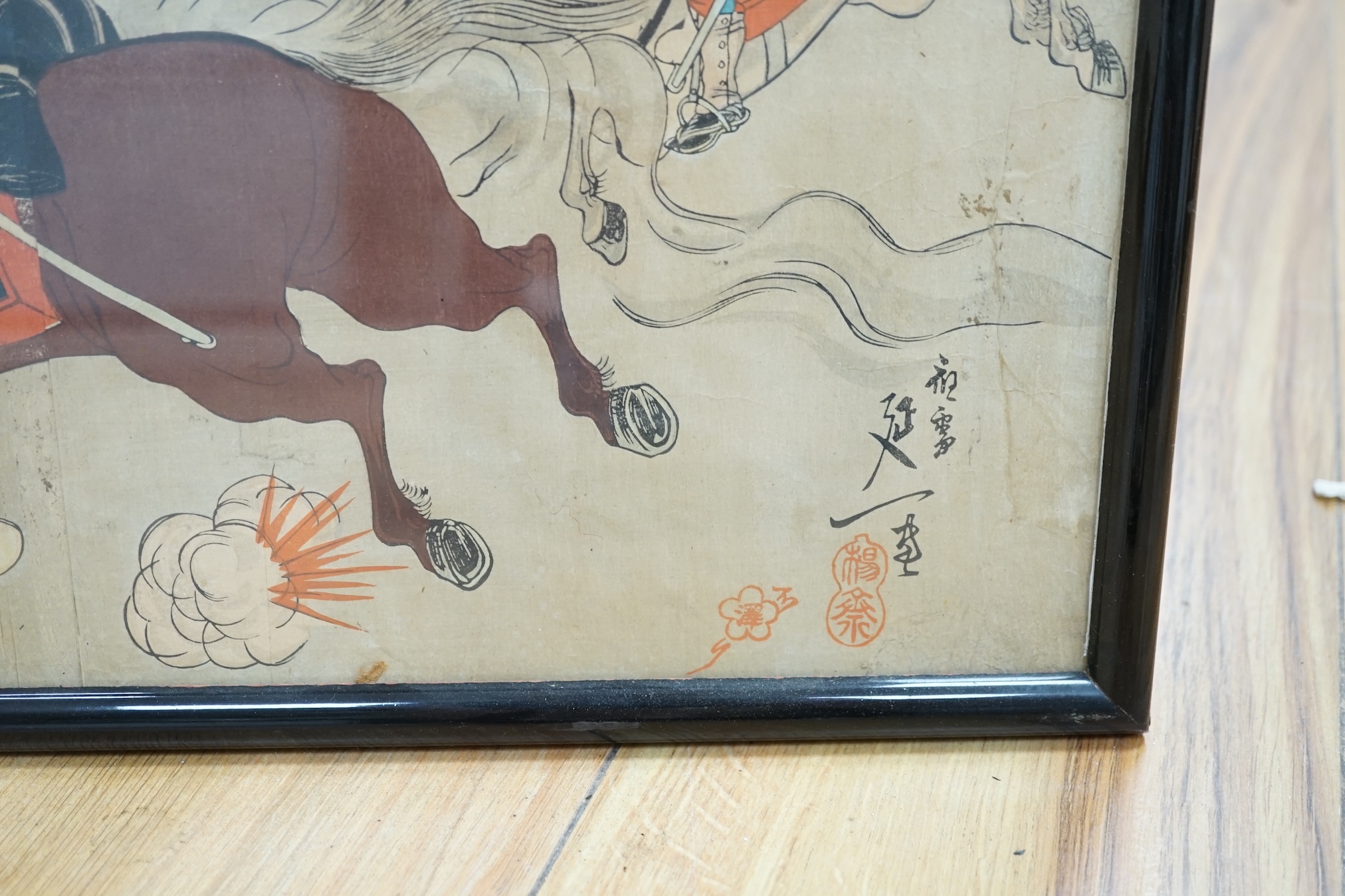 From the Studio of Fred Cuming. Gintaro, Japanese woodblock print, Soldiers on horseback, 35 x 68cm. Condition - fair